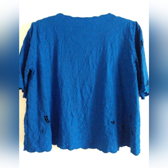Silky Line Embroidered Shirt with Cutwork Royal Blue on Blue Small, Chest 34" - Picture 5 of 5